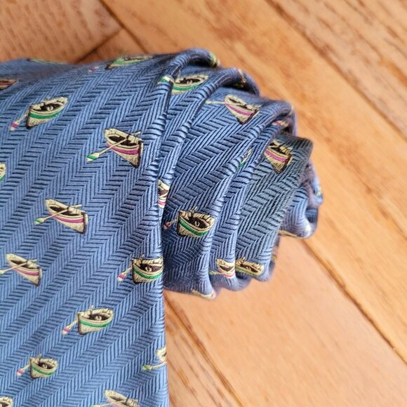 LANDS END Blue 100% Silk Necktie Row Boat Tie 60" Outdoor Made in U.S.A - Picture 3 of 12